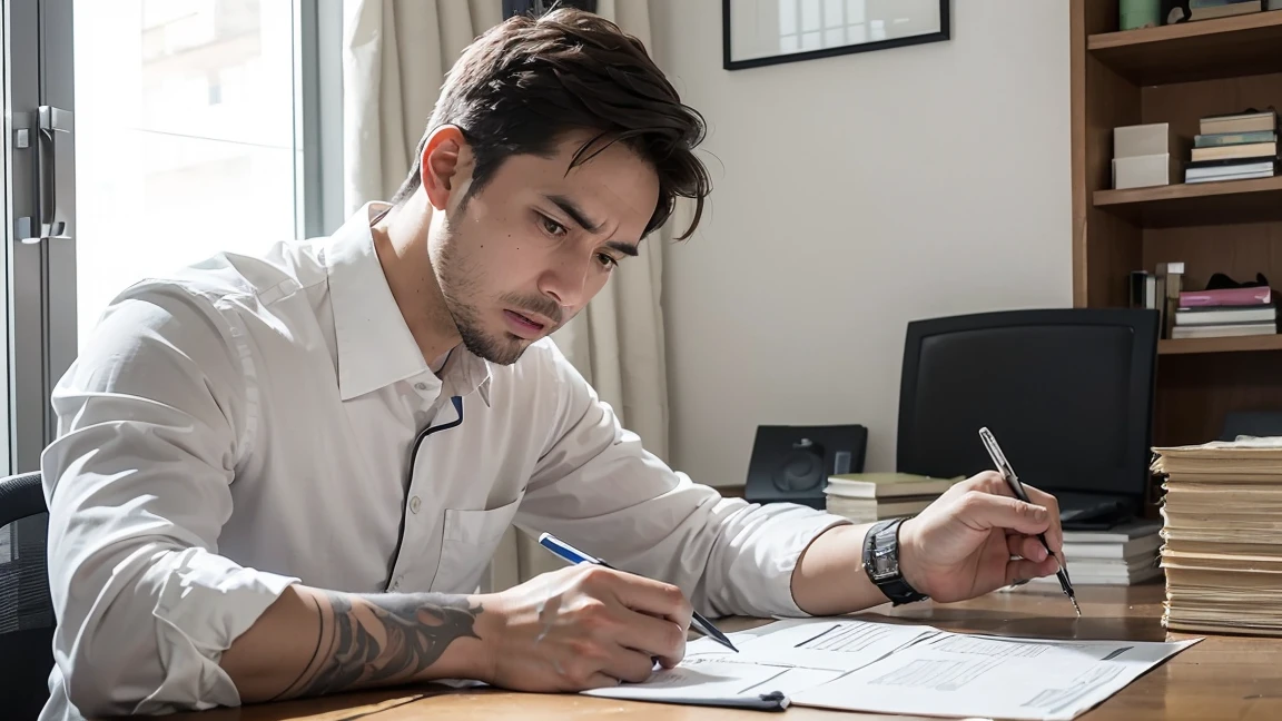 A civil engineer at his desk on a construction site, surrounded by messy papers. He is seen frustrated while reviewing documents and typing on a computer. Spotlight, Focuses on his hand making a mistake while typing.