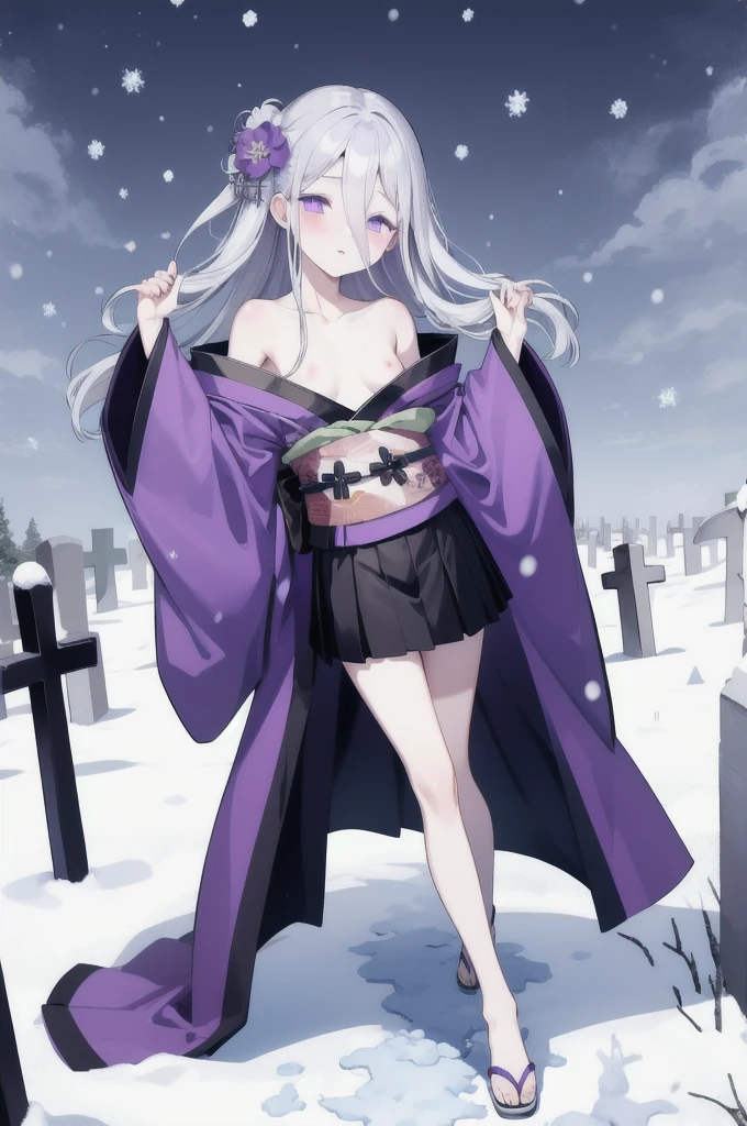 Highest quality, masterpiece,White Hair, Purple Eyes, Purple kimono, Exposing shoulders, ,Fair skin, Long Hair, Long Bangs,  Small breasts, Confused eyes, snow, sexy, Cemetery, Cross Grave, jitome, Leg lift, stretching, half closed eyes, Off Shoulder