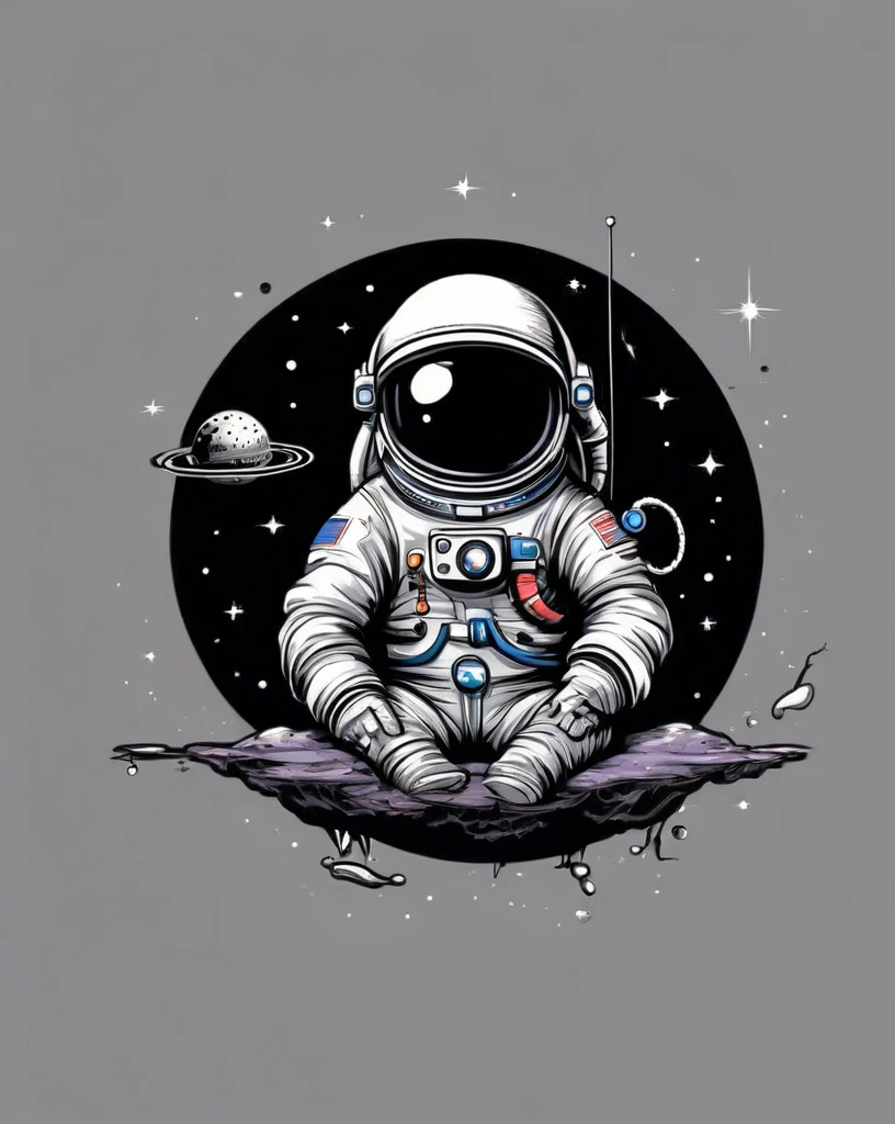 astronaut t-shirt design sitting on a small planet holding a fishing rod, text logo: space, flat-colors, (black backdrop),