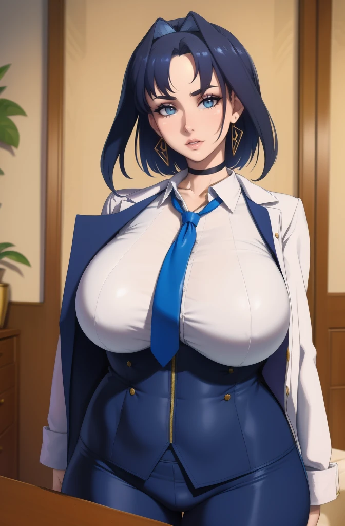 (best quality,4k,8k,highres,masterpiece:1.2), ultra-detailed, (realistic,photorealistic,photo-realistic:1.37), HDR, UHD, studio lighting, ultra-fine painting, sharp focus, physically-based rendering, extreme detail description, professional, vivid colors, bokeh, portraits, photography, (best quality,masterpiece:1.3), (mature woman, milf), (tall:1.2), anime, masterpiece, beautiful eyes, best quality, detailed face, 1girl, solo, beautiful, KroniiMafia, short hair, hair intakes, collared shirt, necktie, formal, suit, gloves, pants, choker, blue eyes, huge breasts, huge belly, GiganticAi, plump, chubby, curvy, chubby girl, soft shading, detailed, semi-realistic, sciamano240