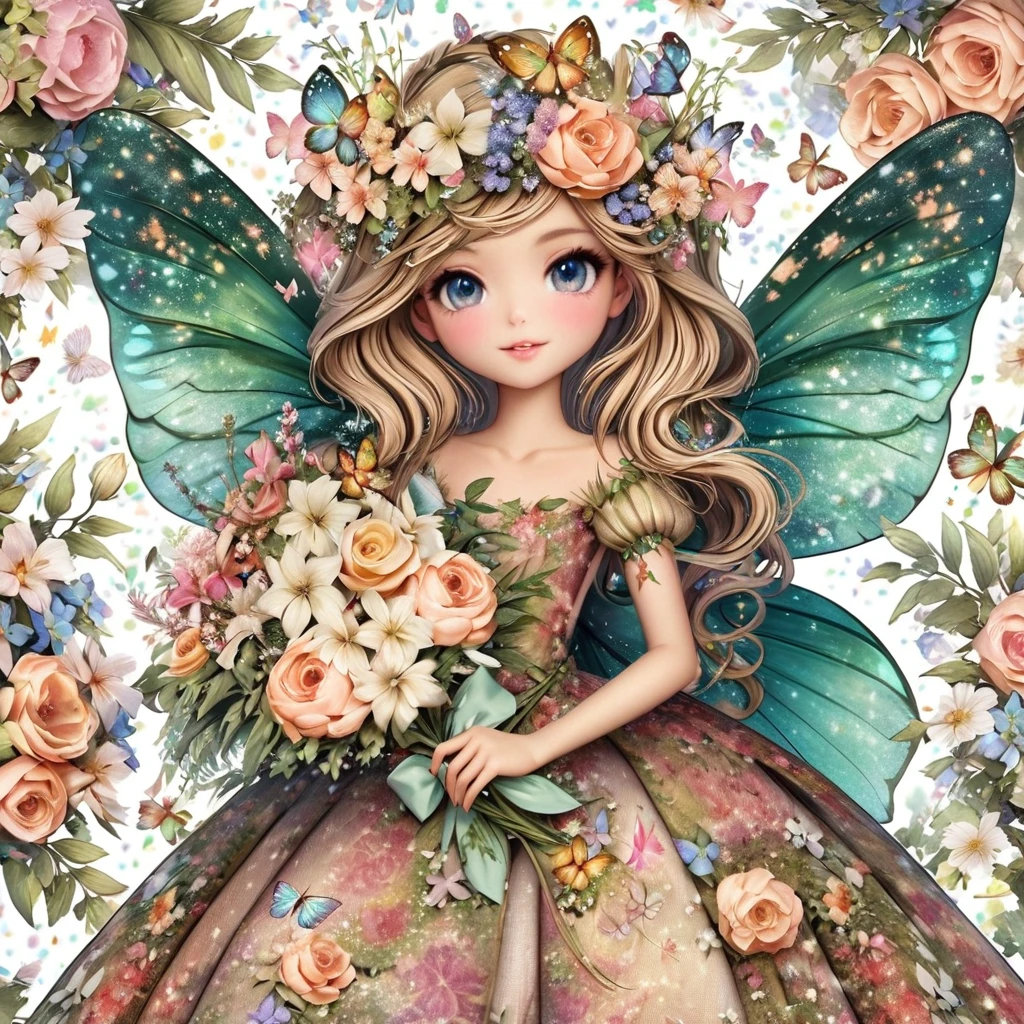 Close-up of a fairy holding flowers and butterflies, Beautiful fairy, Fairy portrait, Fairy portrait, Marie Angel, portrait of Fairy Princess, Beautiful fairy, Space Flower Fairy, Fairy Princess, beautiful adult fairy, Forest Fairy, Beautiful fairys, Cute and detailed digital art, Fairy Queen, queen of flowers, Flower Goddess, Wonderful like a fairy