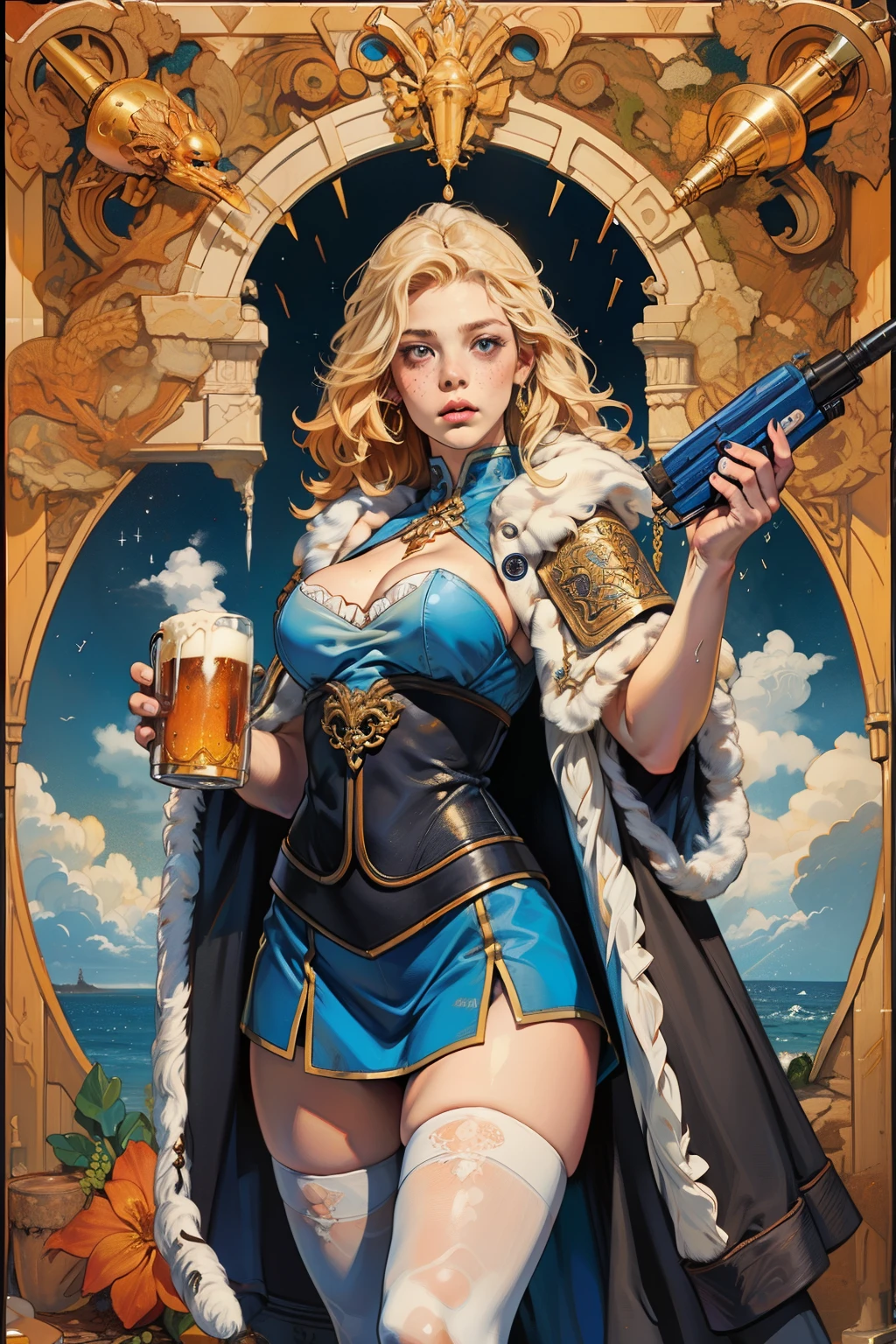 ((best qualityer)), ((work of art)), (detailded), Goddess Freya, beautfull woman, blonde, Attractive  woman, voluptuous, slim, busty, Broad Hips, wide thighhighs, clear eyes, short in stature, freckles on the face, viking outfits, animal fur cloak, viking water gun armadillo, holding a mug of beer, wielding a spear 