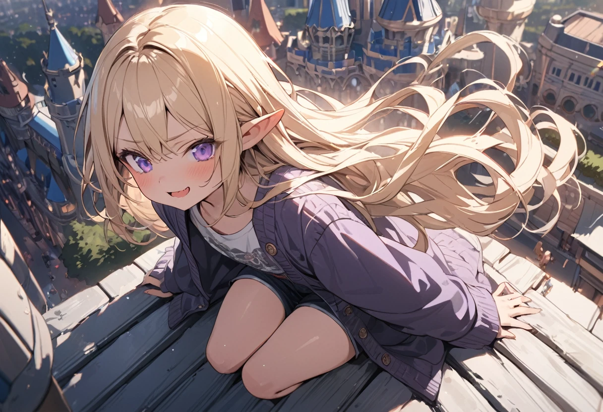 ((Masterpiece)), ((best quality)), (ultra-detailed), ((kawaii)), ((extremely detailed)), 4K, (8K), (super detail:1.2),(High Definition:1.3), (Professional Photography:1.2), from above, cinematic lighting, (sharp focus), (perfect light), ((1girl)), ((12 years old)), cute young girl, (very smug), :d, (Beautiful purple eyes:1.2), (dark skin), elf girl, wearing long cardigan, slender waist, (long bangs), very long bangs, Shiny unruly hair, long hair, ((beautiful blond hair)), shortpants, BREAK, ((best quality)), ((extremely detailed)), (loose sitting on the rooftop), the Disneyland cityscape, Disneyland spreading out below, (Metropolis),