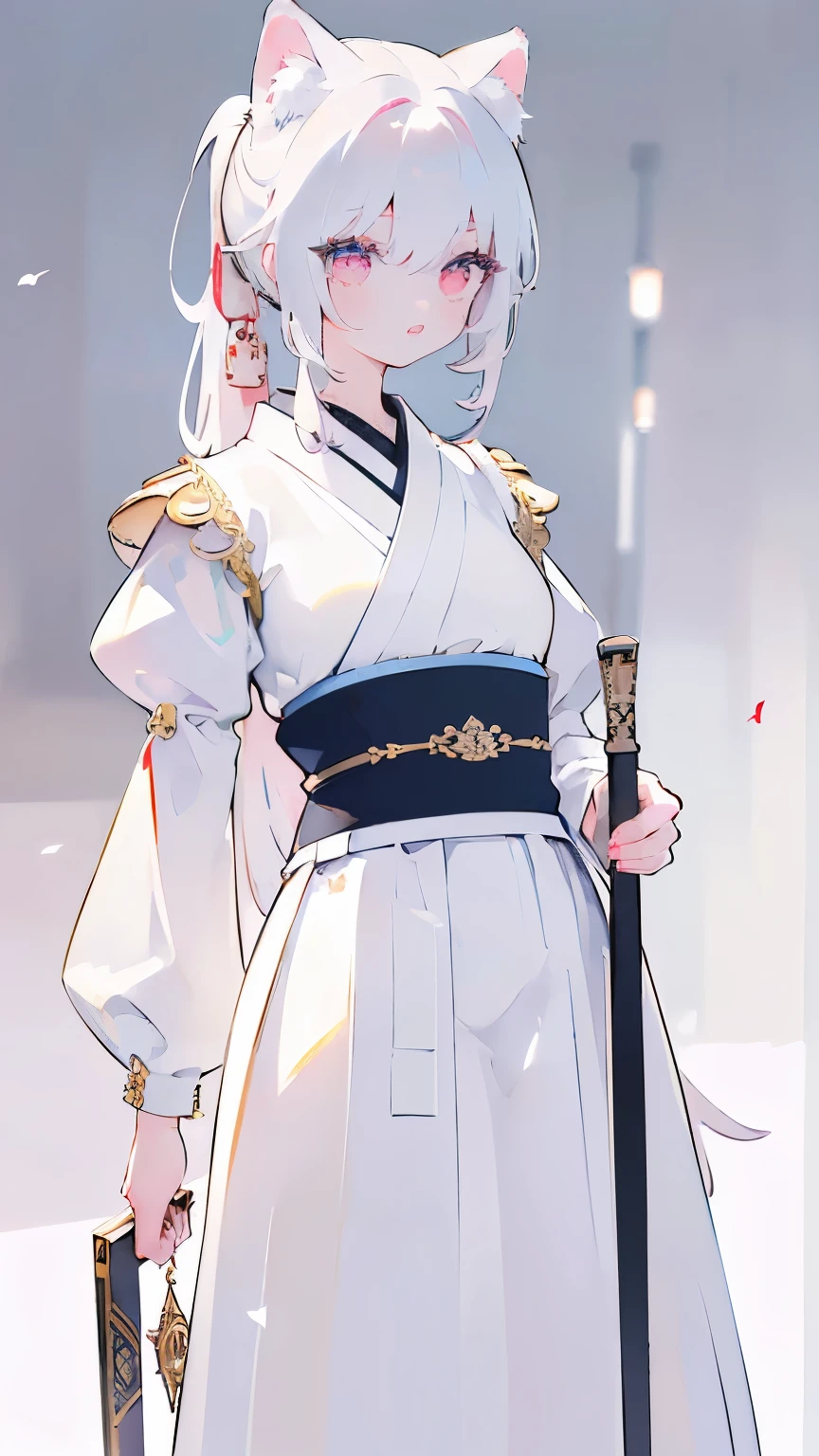Tsundere 18 year old girl, beautiful and delicate eyes, beautiful lips, very detailed 눈과 얼굴, long eyelashes, 1girl, white cat ears, foot long bag, Front view, Red-eye, (top quality, 4K, 8K, high resolution, masterpiece:1.2), very detailed, (realistic인, realistic인, realistic인, realistic인, realistic: 1.37), big bust, japanese sword, elegant, fantasy, white background,holding a weapon, maid uniform, I can see my armpits, ponytail hair