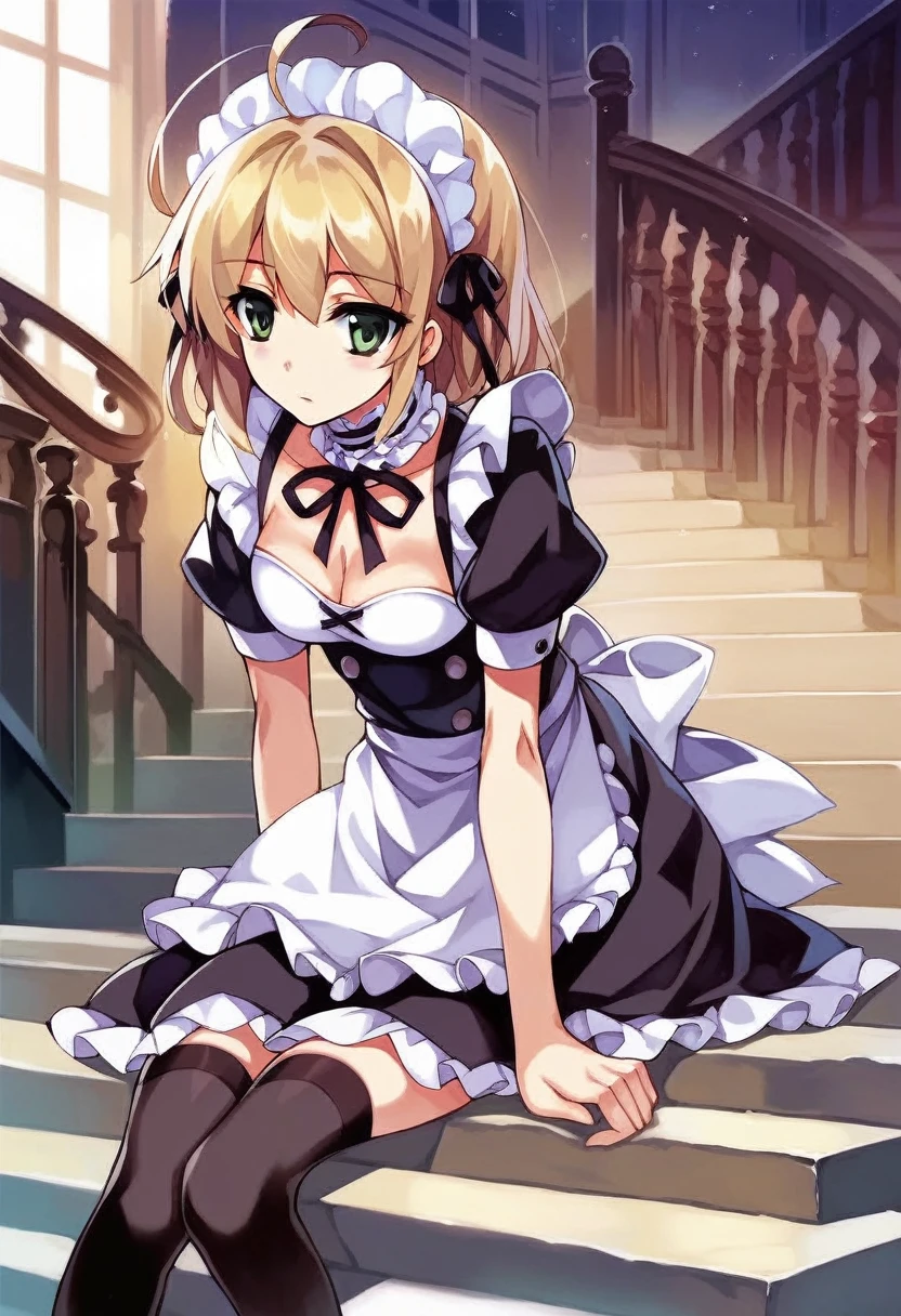 Prompt: score_9, score_8_up, misaki kurehito:1.5, official art, masterpiece, absurdres, anime screencap:1.5, 1girl, :o, ahoge, apron, arm support, black dress, black ribbon, black thighhighs, blonde hair, breasts, choker, cleavage, dress, frilled choker, frills, green eyes, indoors, leaning forward, maid, maid apron, maid headdress, neck ribbon, puffy short sleeves, puffy sleeves, ribbon, seiza, short sleeves, sidelocks, sitting, small breasts, solo, stairs, thighhighs, zettai ryouiki, indoors,