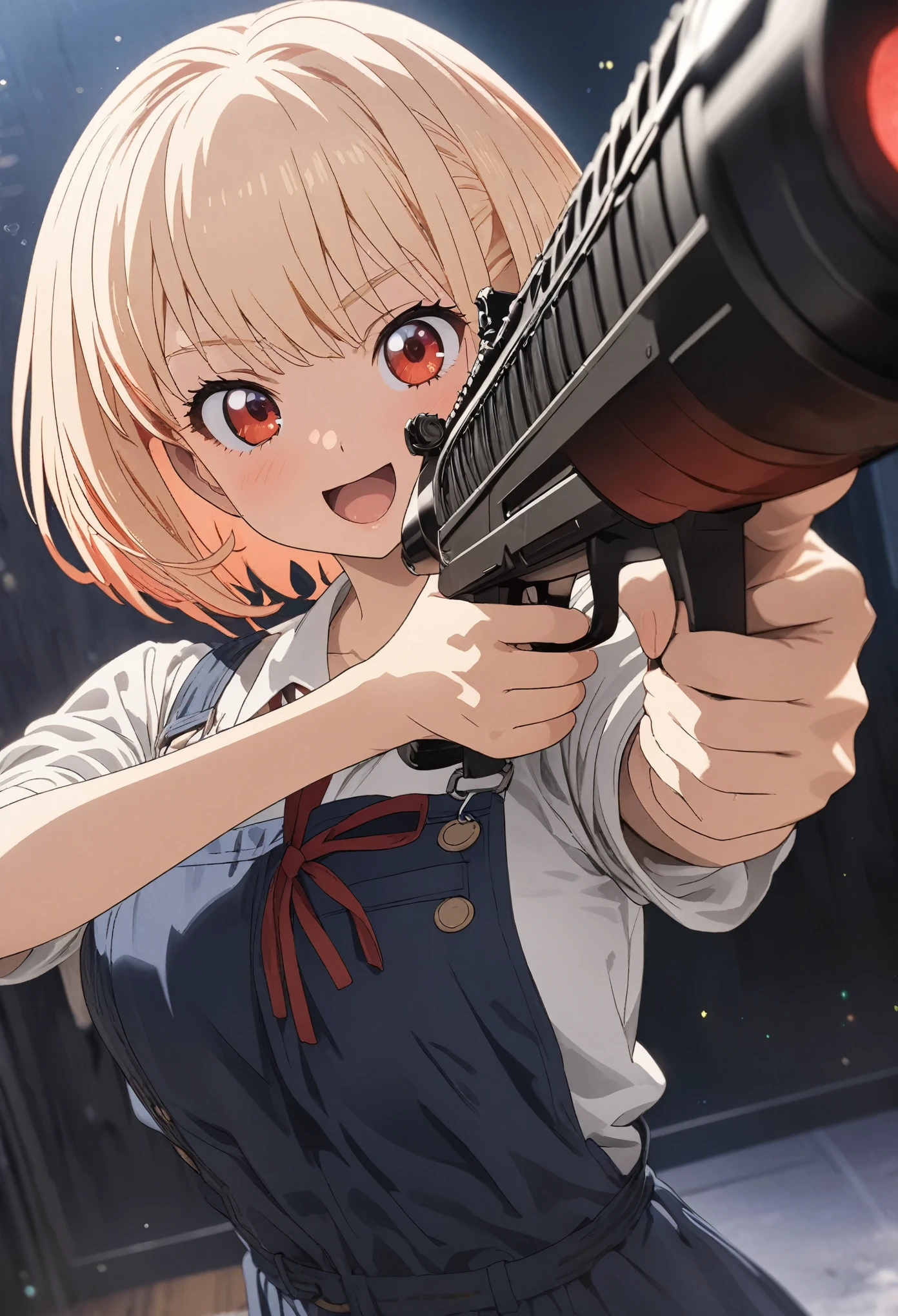 This is Chisato Nishikigi's masterpiece illustration from the anime Licorice Recoil. Her short blonde bob hairstyle has a red ribbon attached to it. He wears a chisato's costume. She seems to be holding a big gun and aiming at it while winking. very cute. This is a digital illustration. Sharp focus, highly detailed illustrations, masterpieces, high resolution, and Octane's overall style. Describe the whole thing. Particles of red light throughout Masterpiece, Top quality, High resolution, Unity 8k wallpaper, (Figure:0.8), Beautiful detailed eyes, Highly detailed face, Perfect lighting, Highly detailed CG, Perfect hands, Perfect anatomy