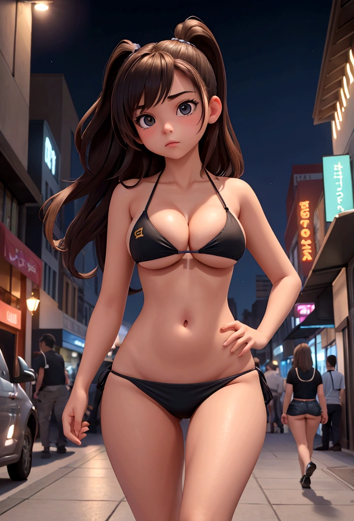 small ager with big breasts, very big breasts, in a bikini walking through the city at night