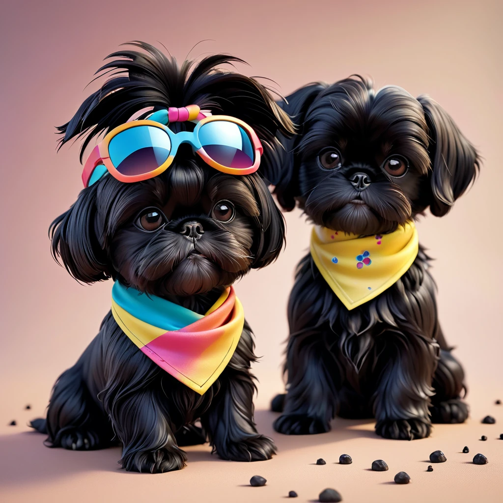 2 Adorable small black Shih Tzu puppies wearing bright bandannas sunglasses getting dirty Disney background 3d cartoon 3d render disney pixar style