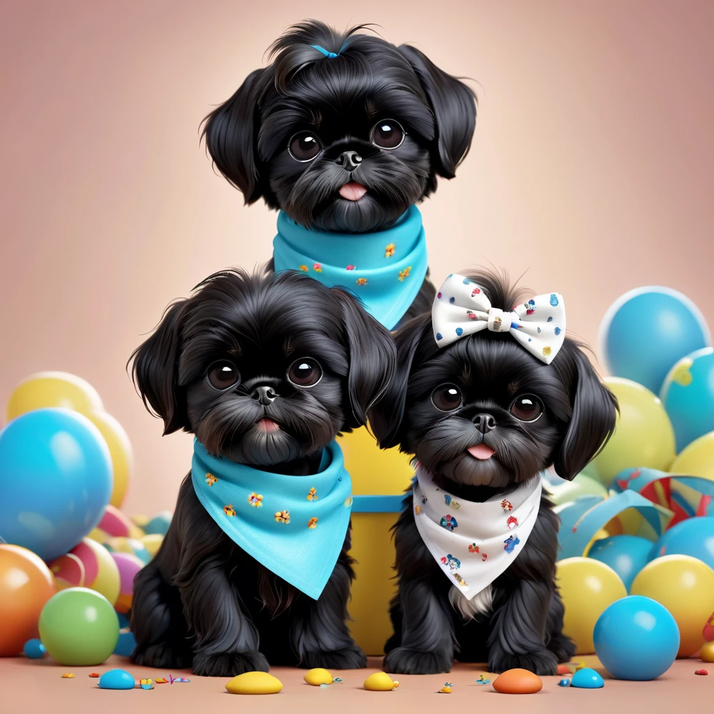 2 Adorable small black Shih Tzu puppies wearing bright bandannas sunglasses getting dirty Disney background 3d cartoon 3d render disney pixar style