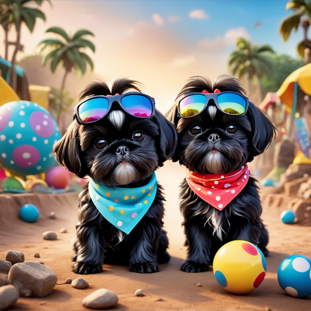 2 Adorable small black Shih Tzu puppies wearing bright bandannas sunglasses getting dirty Disney background 3d cartoon 3d render disney pixar style