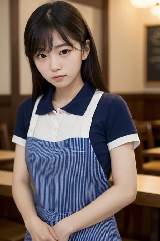 (Best picture quality, Masterpiece:1.3, Super Hi-Res), Japanese female, 20 years old, in a restaurant, from the side of the camera, ((looking down)), wearing navy blue polo shirt, striped apron, uniform, looking troubled, arms crossed, tilting head, distressed expression of distress,