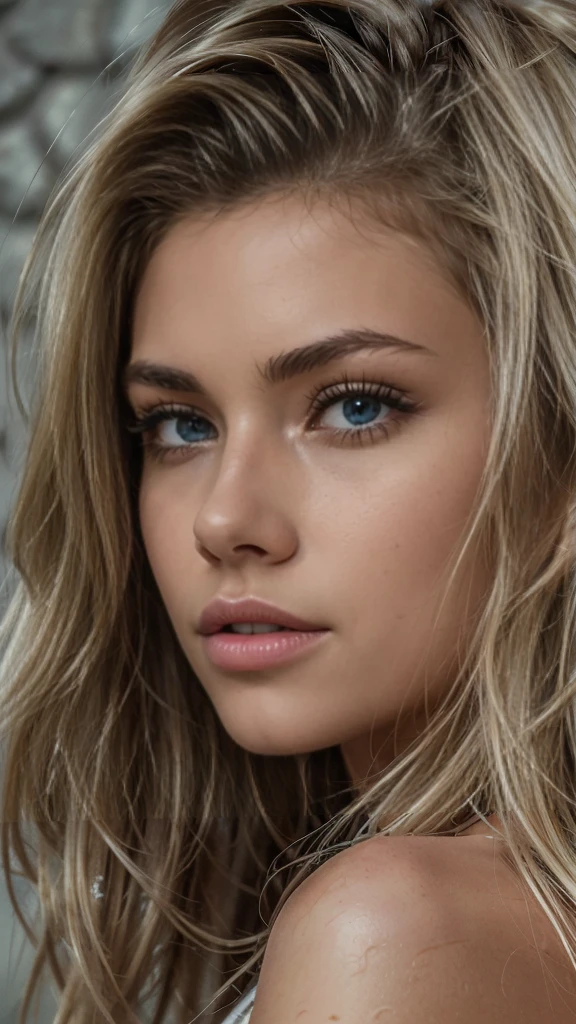 ((Best Quality, 8K, Masterpiece: 1.3, best quality)), photorealistic, photorealism, high resolution, ((face close up:1.2)), (detailed face skin, reallistic, Photorealsitic:1.37), face of 1girl , looking at the viewer, (Detailed face), medium long hair, concrete wall background,