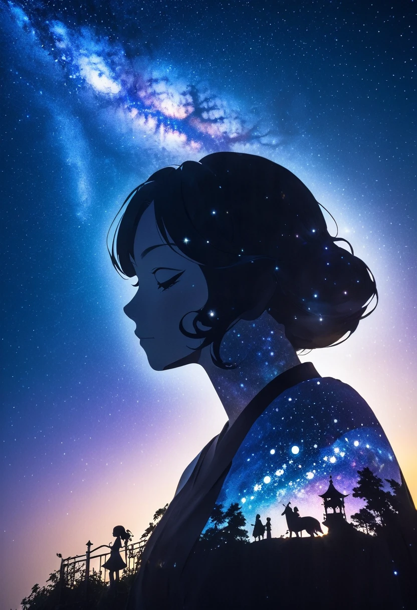  mate piece, silhouette, Milky Way, Orihime's, close-up, profile, monotony, moon, double exposure, Milky Way, Tanabata decoration, depth of field, (holographic glow effect), from below, low angle shot, masterpiece,