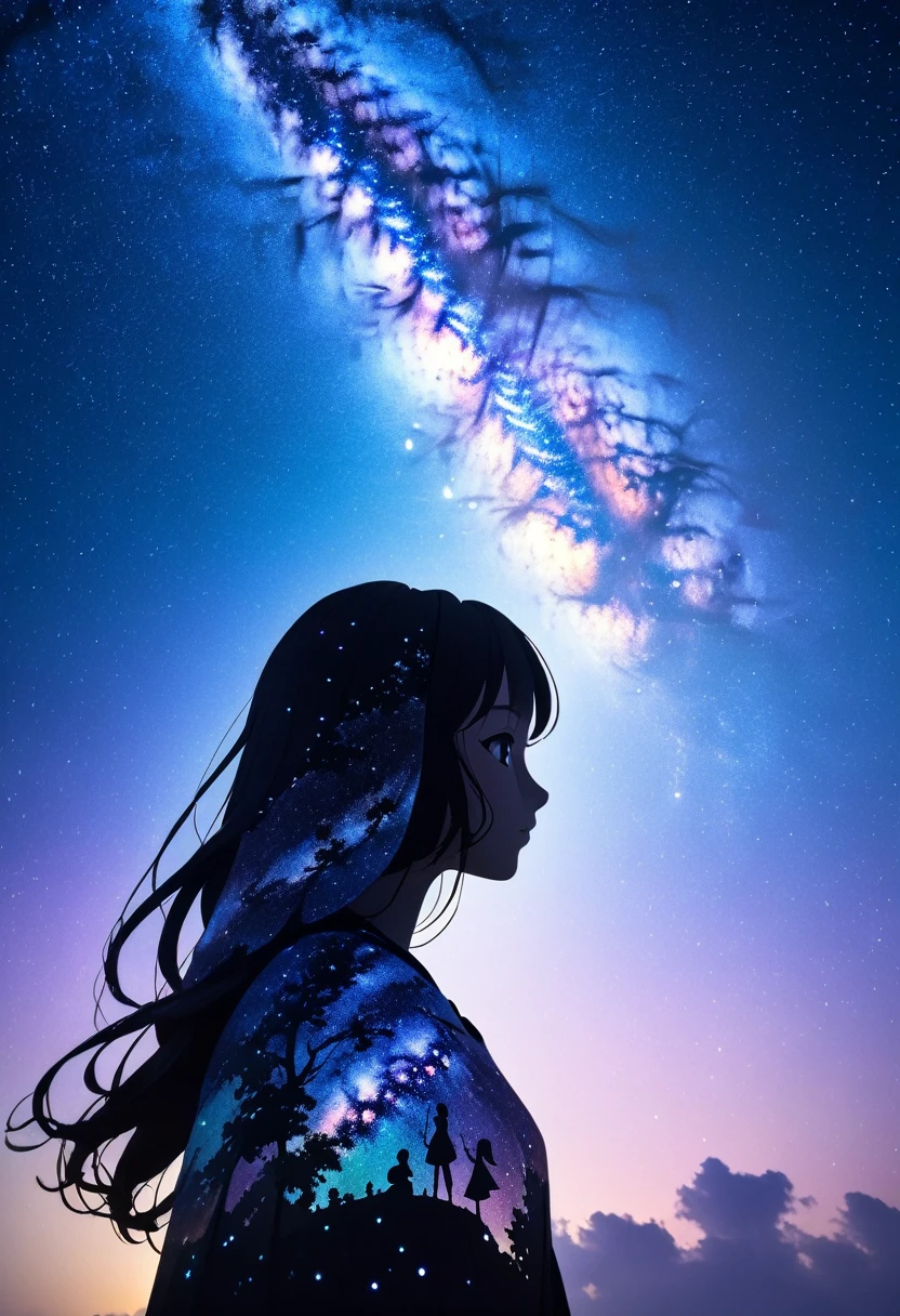  mate piece, silhouette, Milky Way, Orihime's, close-up, profile, monotony, moon, double exposure, Milky Way, Tanabata decoration, depth of field, (holographic glow effect), from below, low angle shot, masterpiece,
