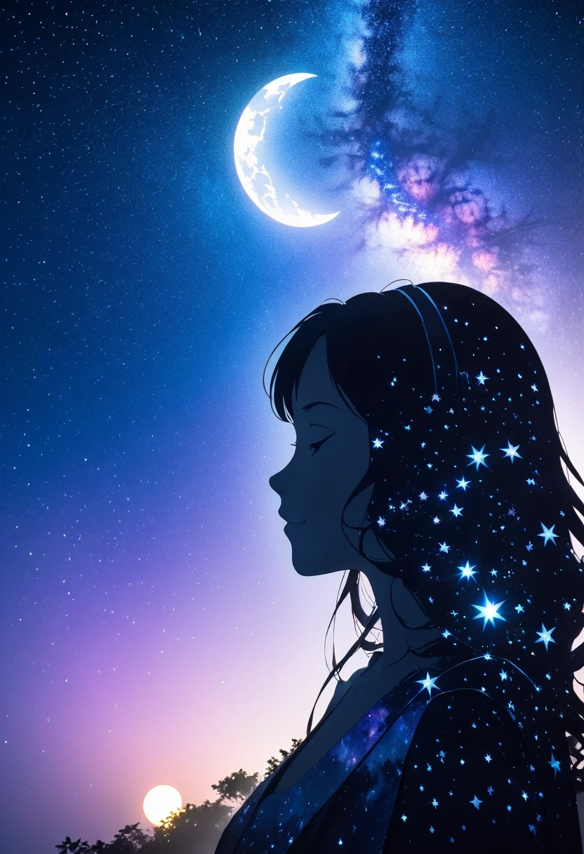  mate piece, silhouette, Milky Way, Orihime's, close-up, profile, monotony, moon, double exposure, Milky Way, Tanabata decoration, depth of field, (holographic glow effect), from below, low angle shot, masterpiece,