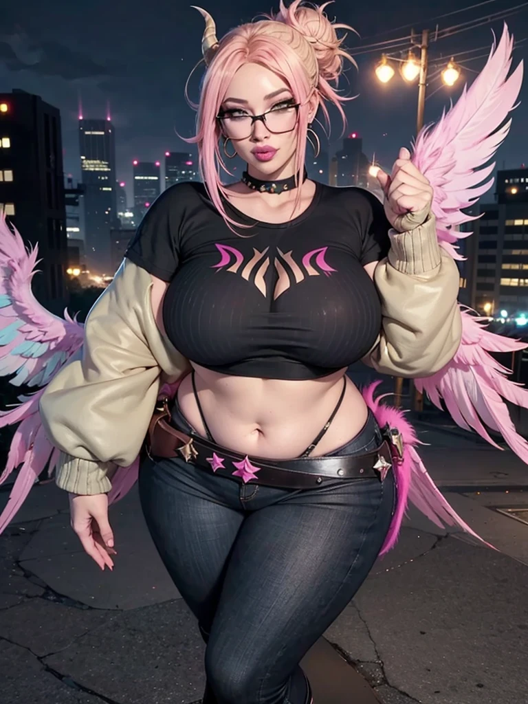 prostitute woman,displaying his body on the street,realisticlying,22yo girl,Blonde short、big body, sexy lingerie lace black ,perfect eyes, hair bunches、very very long hair, ultradetailed hair, body nylon sexy, Breasts enlarged、 big body, blonde, woman 1.90 CM,ponytail, ((hair over eyes)),perfect mouth, massive big bounce oppai, WET SKIN, (masterpiece, best quality:1.2), 1girl, solo, city background, haze \(fortnite\), Harpy Haze From fortnite, 1girl, earrings, glasses, hat, jewelry, lips, long hair, looking at viewer, makeup, nail polish, pink eyes, pink hair, pink nails, smile, sunglasses, tinted eyewear, belt, black pants, crop top, eyeshadow, midriff, navel, pants, choker, fingernails, round eyewear, sharp fingernails, standing, black feathers, black headwear, hoop earrings, horned headwear, horns, denim, winged arms, feather trim, star \(symbol\), elbow gloves, dark pink lips, feathers, heels, shoes, angel wings, bangle, black wings, crop top overhang, feathered wings, harpy, low wings, multicolored hair, multicolored wings, pink wings, wings, fingerless gloves, shirt, long fingernails, boater hat, bootcut pants, leather pants, sleeves, black sleeves,massive big bounce oppai,massive big bounce oppai,massive big bounce oppai,
