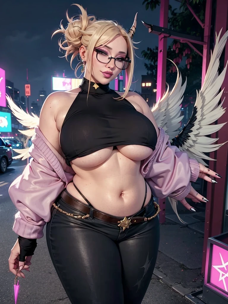prostitute woman,displaying his body on the street,realisticlying,22yo girl,Blonde short、big body, sexy lingerie lace black ,perfect eyes, hair bunches、very very long hair, ultradetailed hair, body nylon sexy, Breasts enlarged、 big body, blonde, woman 1.90 CM,ponytail, ((hair over eyes)),perfect mouth, massive big bounce oppai, WET SKIN, (masterpiece, best quality:1.2), 1girl, solo, city background, haze \(fortnite\), Harpy Haze From fortnite, 1girl, earrings, glasses, hat, jewelry, lips, long hair, looking at viewer, makeup, nail polish, pink eyes, pink hair, pink nails, smile, sunglasses, tinted eyewear, belt, black pants, crop top, eyeshadow, midriff, navel, pants, choker, fingernails, round eyewear, sharp fingernails, standing, black feathers, black headwear, hoop earrings, horned headwear, horns, denim, winged arms, feather trim, star \(symbol\), elbow gloves, dark pink lips, feathers, heels, shoes, angel wings, bangle, black wings, crop top overhang, feathered wings, harpy, low wings, multicolored hair, multicolored wings, pink wings, wings, fingerless gloves, shirt, long fingernails, boater hat, bootcut pants, leather pants, sleeves, black sleeves,massive big bounce oppai,massive big bounce oppai,massive big bounce oppai,