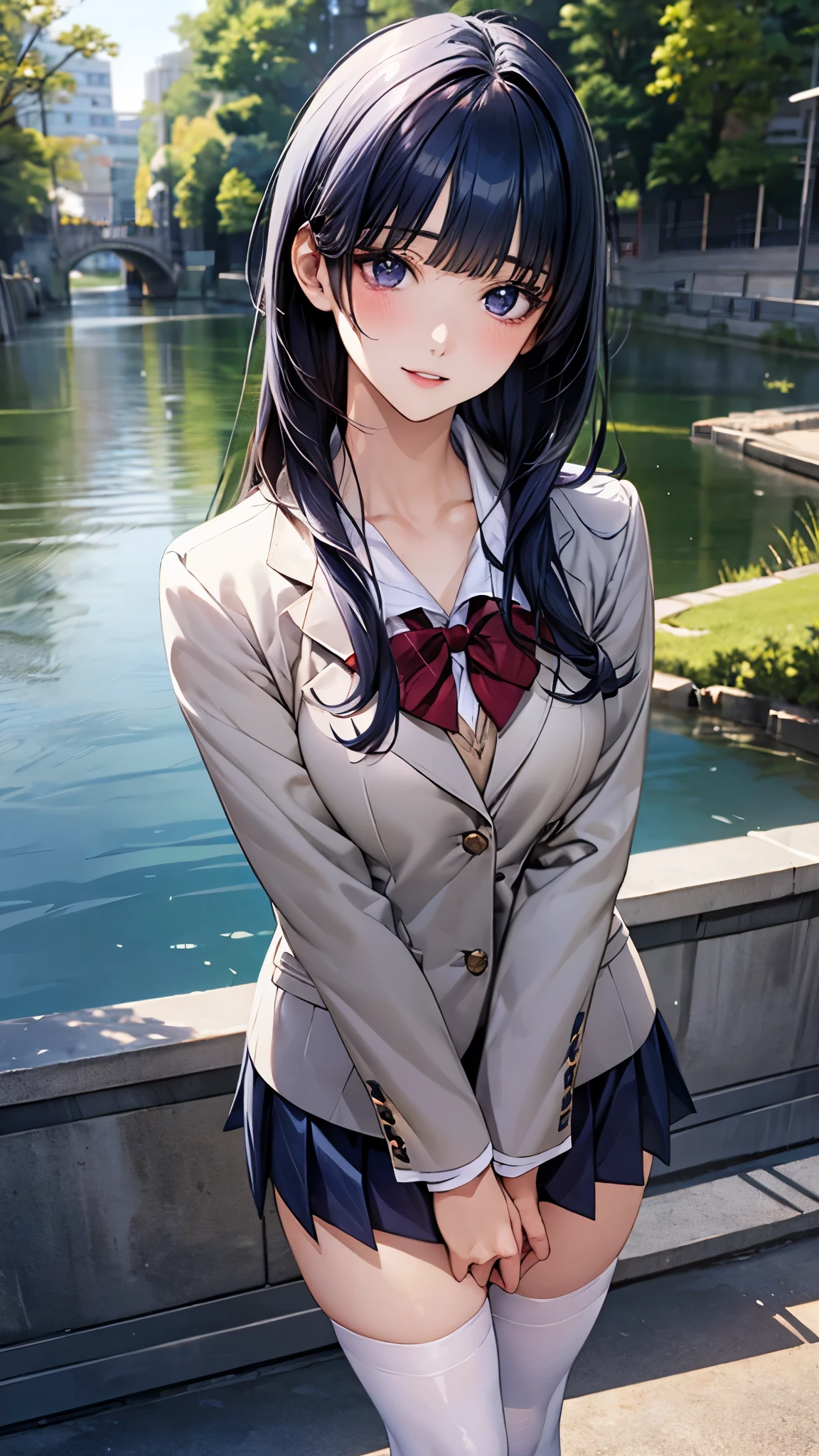 (masterpiece:1.2, top-quality), (realistic, photorealistic:1.4), beautiful illustration, (natural side lighting, movie lighting), nsfw, 
looking at viewer, 1 girl, japanese, high school girl, perfect face, cute and symmetrical face, shiny skin, 
(long hair:1.4, hime style, hime cut, navy blue hair), blunt bangs, purple eyes, big eyes, long eye lasher, (medium breasts, seductive thighs), slender, 
beautiful detailed hair, beautiful detailed face, beautiful detailed eyes, beautiful clavicle, beautiful body, beautiful chest, beautiful thigh, beautiful legs, beautiful fingers, 
white collared shirt, white thigh-highs, blue-grey blazer, light grey pleated miniskirt, navy blue socks, private school uniform:1.2, dark red bow tie, 
(beautiful scenery), evening, (riverside:1.2), standing, (lovely smile, upper eyes, parted lips),