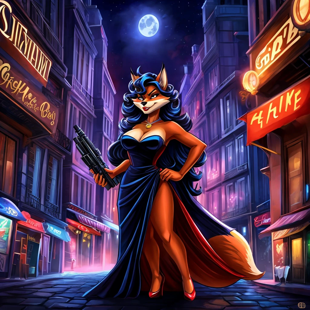 Фурри лисица Carmelita Fox из игры Sly Cooper Thieves in Time, with red lipstick on lips, in a black evening dress, shows his lips, holding a blaster, angry stands against the backdrop of the night city of Paris, cartoon style