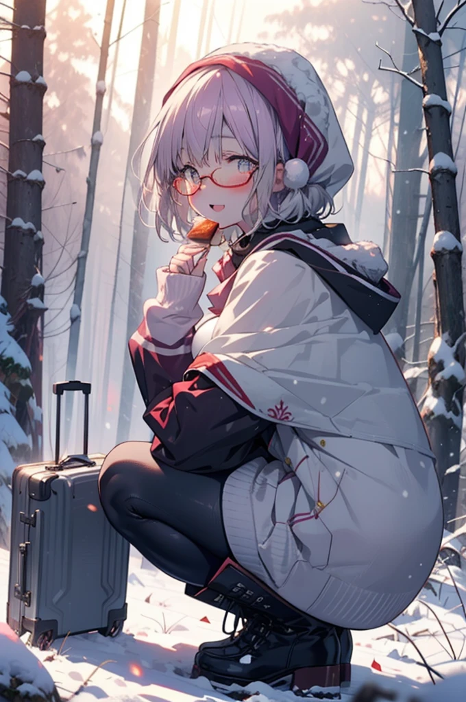 akaneshinjou, shinjou akane, Light purple hair, (Pink Eyes:1.2), short hair,Akagi Glasses,hair band,smile,blush,White Breath,Big Breasts,
Open your mouth,snow,Ground bonfire, Outdoor, boots, snowing, From the side, wood, suitcase, Cape, Blurred, having meal, forest, White handbag, nature,  Squat, Mouth closed, Cape, winter, Written boundary depth, Black shoes, red Cape break looking at viewer, Upper Body, whole body, break Outdoor, forest, nature, break (masterpiece:1.2), Highest quality, High resolution, unity 8k wallpaper, (shape:0.8), (Beautiful and beautiful eyes:1.6), Highly detailed face, Perfect lighting, Highly detailed CG, (Perfect hands, Perfect Anatomy),