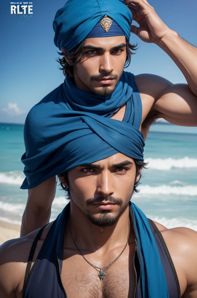 male character alok game style Free fire, with the blue bandana beach cap, It's a black arctic blue mask, and with the Brazil team shirt, CBF yellow 2022