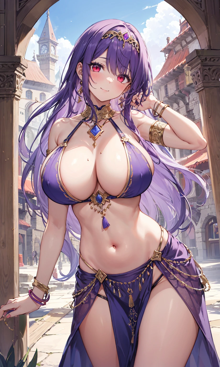 high quality, ultra detailed, best quality, insanely detailed, beautiful, masterpiece, 1girl, medieval plaza, cowboy shot, red eyes, long hair, purple hair, belly dancer, circlet, earrings, armlets, bracelets, bashful smile, large breasts, cleavage, soft stomach