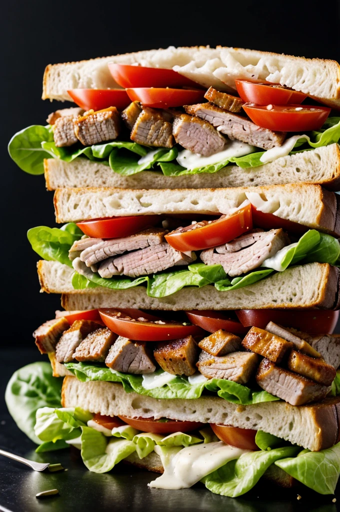 A pork sandwich with tomatoes, lettuce; With black background 