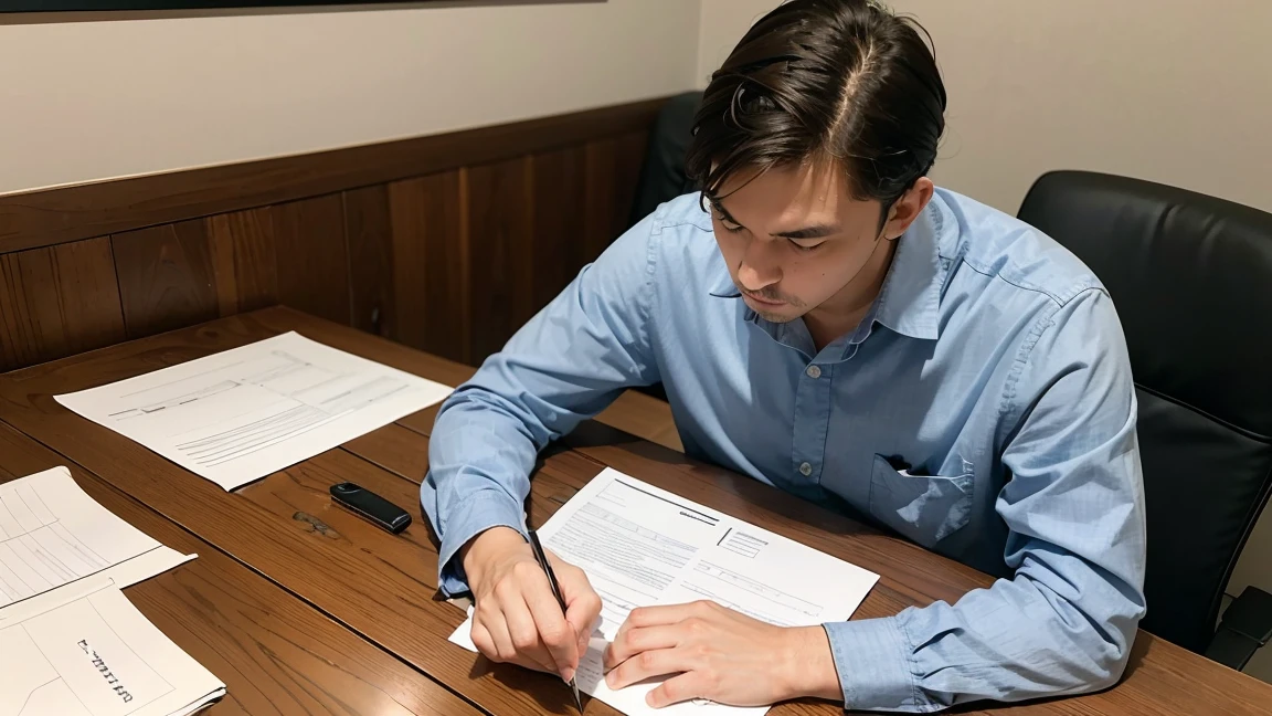 A civil engineer at his desk, surrounded by plans . He is seen frustrated while reviewing documents and typing on a computer. Spotlight, Focuses on his hand making a mistake while typing.