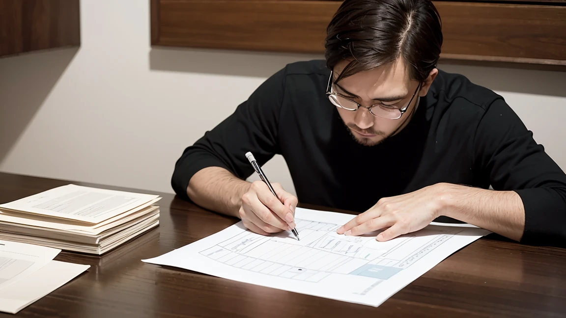 A civil engineer at his desk, surrounded by plans . He is seen frustrated while reviewing documents and typing on a computer. Spotlight, Focuses on his hand making a mistake while typing.