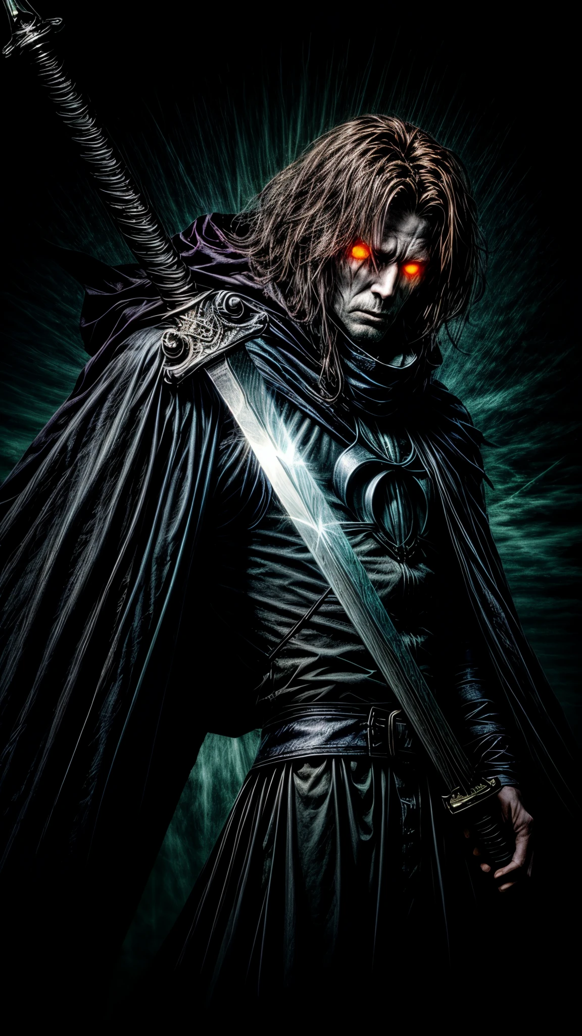 A dark and ominous creature of darkness, a god of death with a black crown, red glowing eyes, dynamic point of view, a fantasy character with a large torn black cape, wearing black and torn clothes, holding a magic sword with a blue and green aura around it, magical effects surrounding the sword, set against a very dark evening outdoor background on a dark plain.
