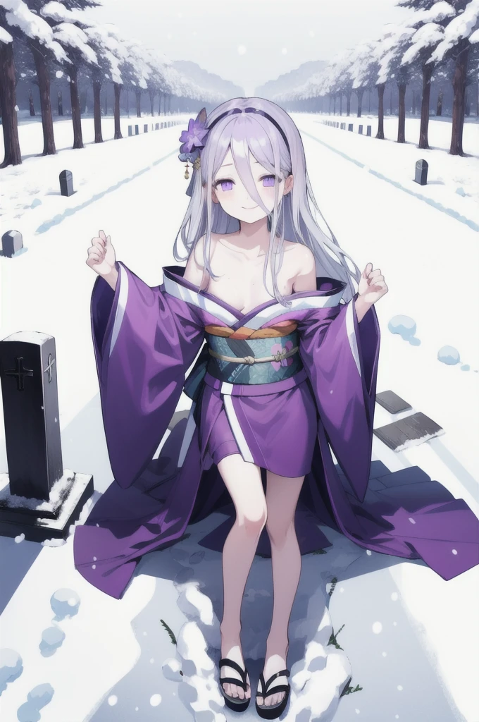 Highest quality, masterpiece,White Hair, Purple Eyes, Purple kimono, Exposing shoulders, ,Fair skin, Long Hair, Long Bangs,  Small breasts, Confused eyes, snow, sexy, Cemetery, Cross Grave, jitome, seductive smile, Leg lift, stretching, half closed eyes, Off Shoulder