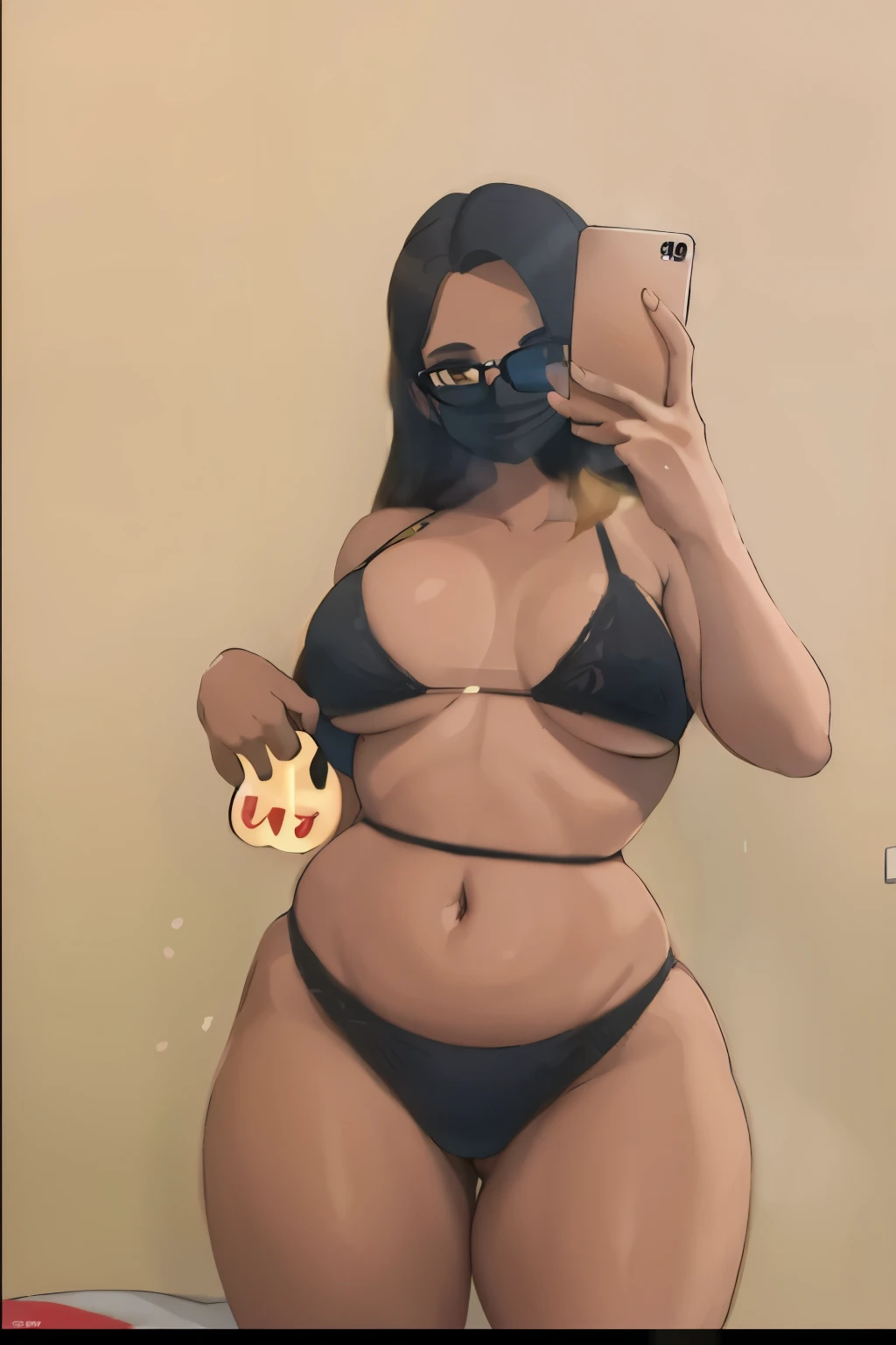 (8k, RAW photo, best quality, masterpiece:1.2), (intricate details), perfect eyes, perfect face, perfect lighting, beautiful, (masterpiece:1.2), (best quality:1.2), 1girl, solo, alya, glasses, brown eyes, happy face, beauty spot, adult torso, 17 years old, medium sized breasts, there is a woman in a bikini taking a selfie in the mirror, thicc, in a black betch bra, sexy look, thick, sexy hot body, full body shot in bikini, thick body, sexy body, her belly button is exposed, she's on my bed in bikini, dressed in belts bikini, black bikini, in a bikini, scantily clad