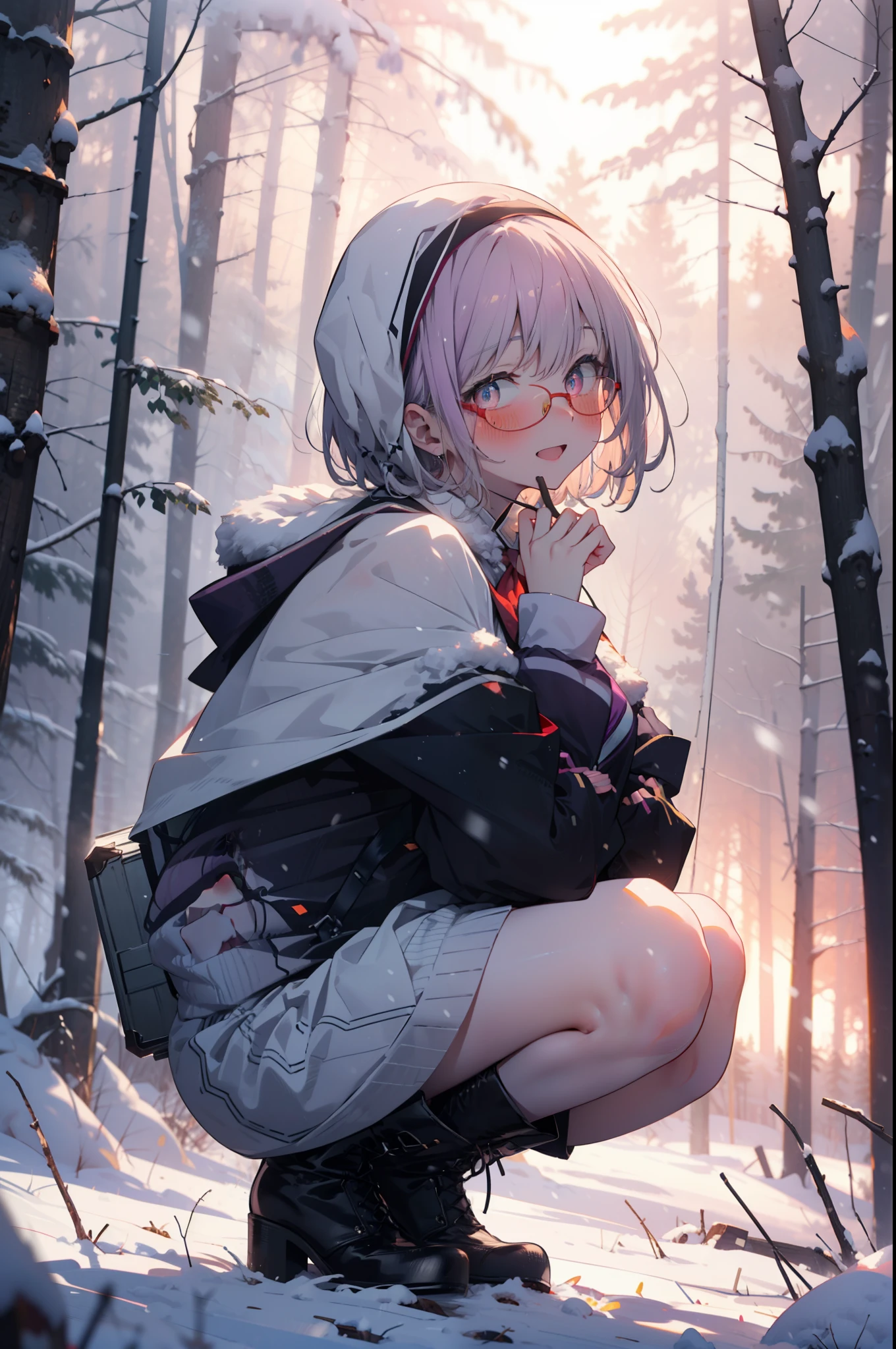 akaneshinjou, shinjou akane, Light purple hair, (Pink Eyes:1.2), short hair,Akagi Glasses,hair band,smile,blush,White Breath,Big Breasts,
Open your mouth,snow,Ground bonfire, Outdoor, boots, snowing, From the side, wood, suitcase, Cape, Blurred, having meal, forest, White handbag, nature, Squat, Mouth closed, Cape, winter, Written boundary depth, Black shoes, red Cape break looking at viewer, Upper Body, whole body, break Outdoor, forest, nature, break (masterpiece:1.2), Highest quality, High resolution, unity 8k wallpaper, (shape:0.8), (Beautiful and beautiful eyes:1.6), Highly detailed face, Perfect lighting, Highly detailed CG, (Perfect hands, Perfect Anatomy),