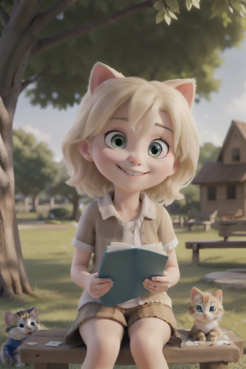 best qualityer, young blonde kitten, reading a book, sitting under a tree, Grinning, next to a cute kitten