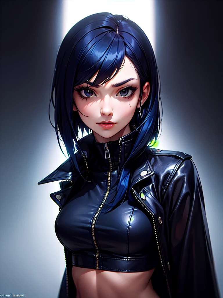 ((Portrait)), She has a Robust, Dark Blue Haired Appearance, with Sensual Charm and a Muscular Build. She Expresses a Proud and Smug Look, Giving Off a Self-Confident Attitude. She has Black Eyes, Her Hair is Short and Tousled, Dark Blue Gradient, with Strands Falling Around Her Face. She Wears an Oversized, Open Black Leather Coat, with a High-Neck Crop Top, Revealing Her Midriff. ((Portrait, HDR, Dark Background))