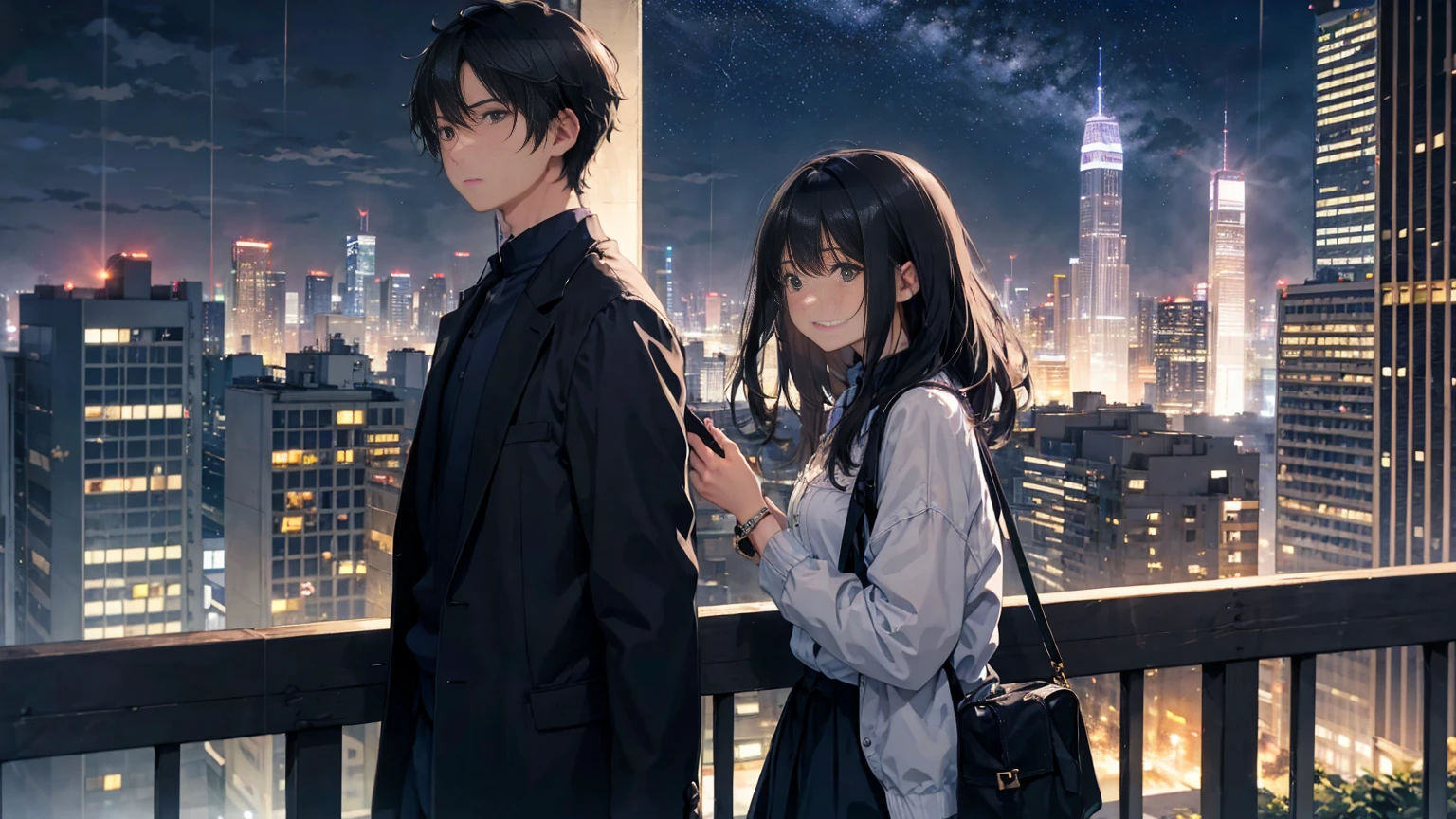 City Night、A cool breeze blows through the gaps between the buildings on a July night.。After the rain、The sky is clear.、The stars shine through the clouds。A woman with long black hair is fluttering in the wind、A summer night cityscape at dusk with a handsome short-haired man。The man and woman seem tired from walking.、I'm trying to walk again、A shot that captured the moment。Both of them are wearing casual, urban summer clothes.、Relaxed atmosphere。
