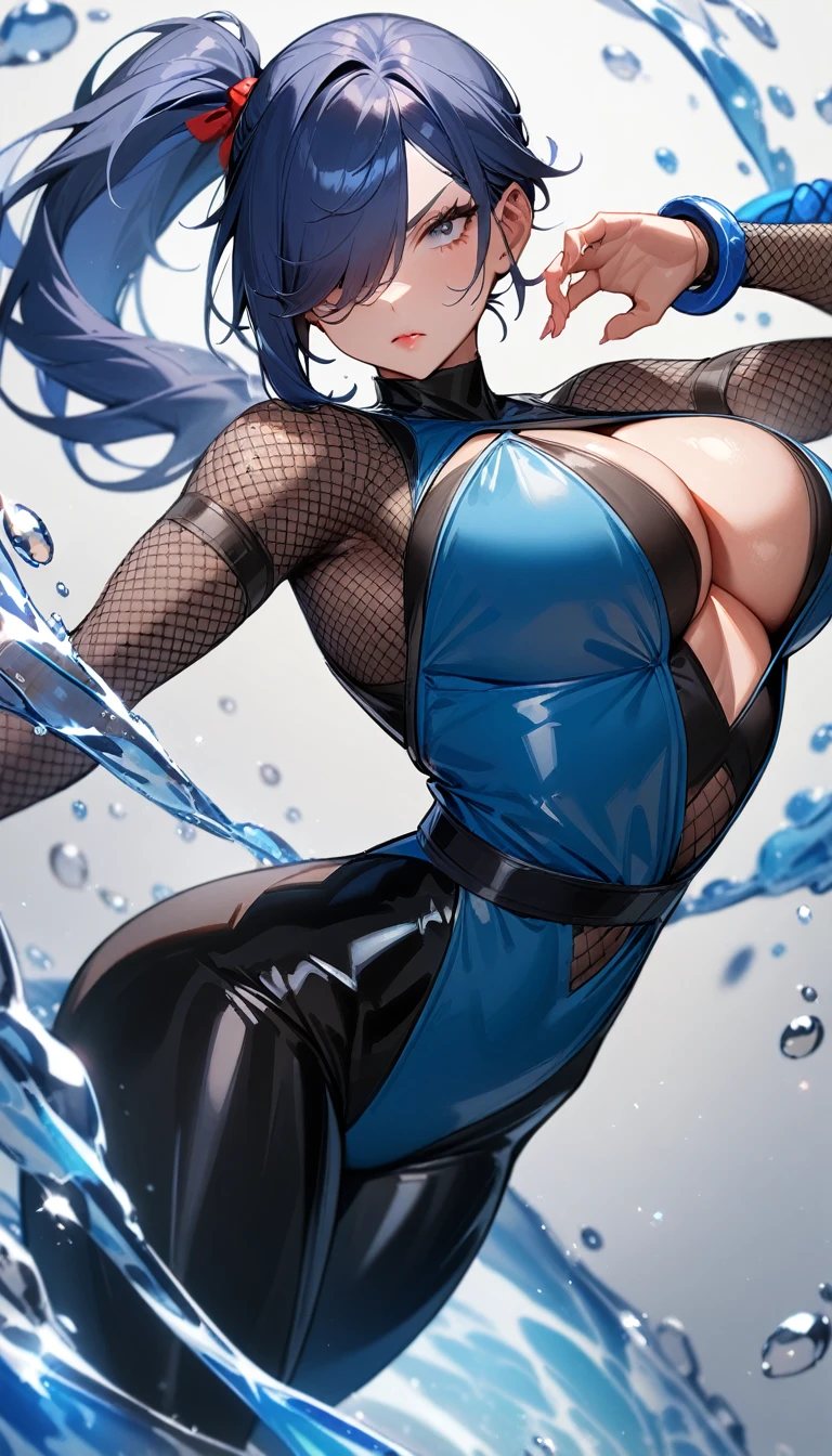 1girl,solo,super detailed skin,shiny skin,serious face,blue hair,hair over one eye,half open eye,eyelashes,lips gloss,side ponytail ,large breasts,fullbodysuit,fishnet arms,cleavage cutout,ninja clothes ,cowboy shot,water magic,simple background,masterpiece,best quality,ultra detailed,high resolution,sharp focus