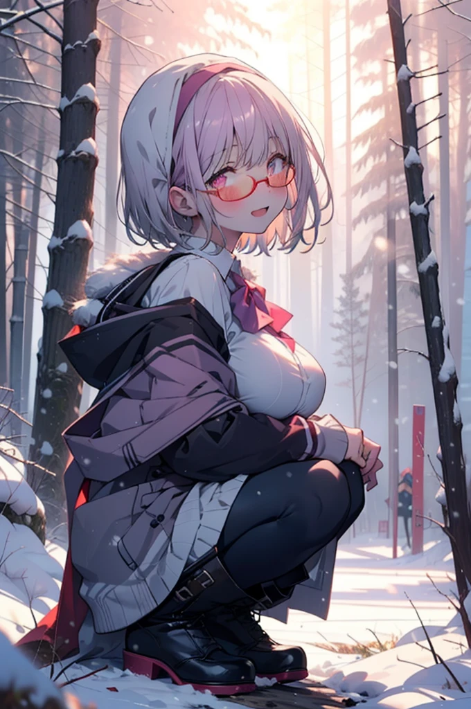 akaneshinjou, shinjou akane, Light purple hair, (Pink Eyes:1.2), short hair,Akagi Glasses,hair band,smile,blush,White Breath,Big Breasts,
Open your mouth,snow,Ground bonfire, Outdoor, boots, snowing, From the side, wood, suitcase, Cape, Blurred, having meal, forest, White handbag, nature, Squat, Mouth closed, Cape, winter, Written boundary depth, Black shoes, red Cape break looking at viewer, Upper Body, whole body, break Outdoor, forest, nature, break (masterpiece:1.2), Highest quality, High resolution, unity 8k wallpaper, (shape:0.8), (Beautiful and beautiful eyes:1.6), Highly detailed face, Perfect lighting, Highly detailed CG, (Perfect hands, Perfect Anatomy),