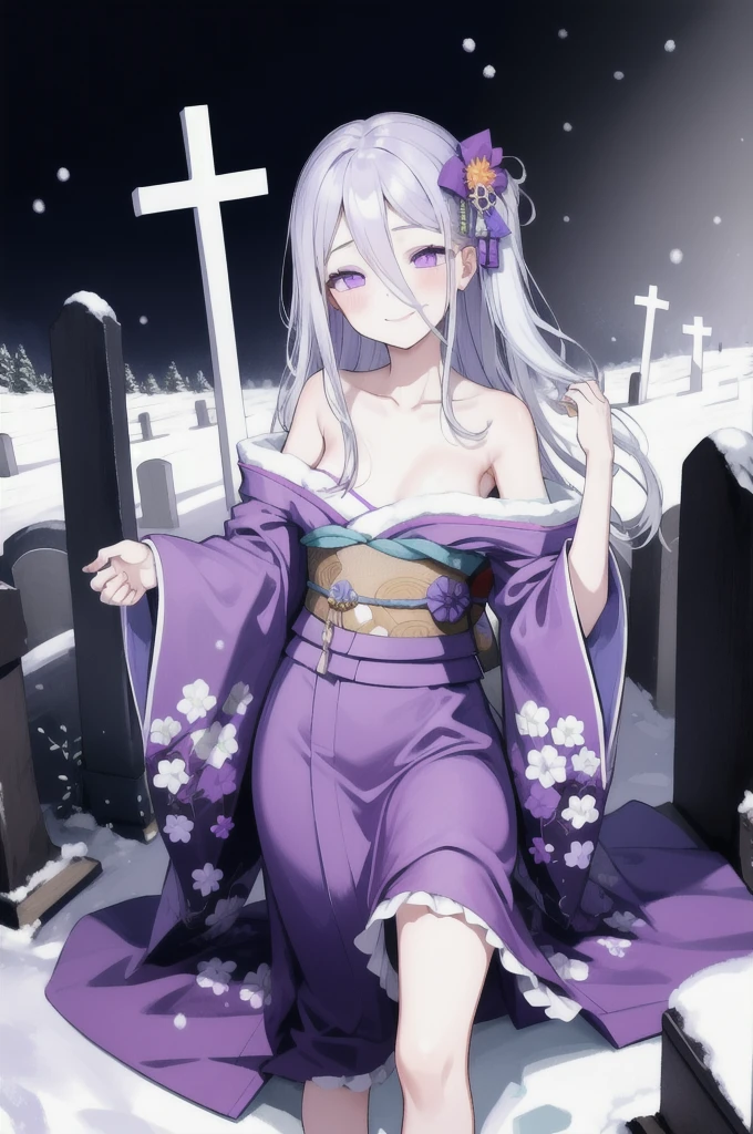 Highest quality, masterpiece,White Hair, Purple Eyes, Purple kimono, Exposing shoulders, ,Fair skin, Long Hair, Long Bangs,  Small breasts, Confused eyes, snow, sexy, Cemetery, Cross Grave, jitome, seductive smile, Leg lift, stretching, half closed eyes, Off Shoulder