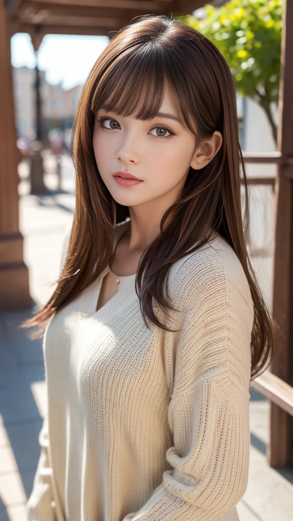 Best quality, 8k, ,Masterpiece :1.3)), facing viewer,((full body1.2)) ,pretty woman, wide shot ,1girl, , , , , brown hair , bangs,ultra-detailed face, highly detailed lips, detailed eyes, double eyelid