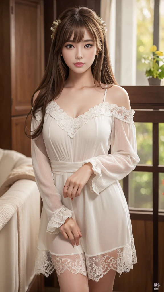 Best quality, 8k, ,Masterpiece :1.3)), facing viewer,((full body1.2)) ,pretty woman, wide shot ,1girl, , , , , brown hair , bangs,ultra-detailed face, highly detailed lips, detailed eyes, double eyelid
