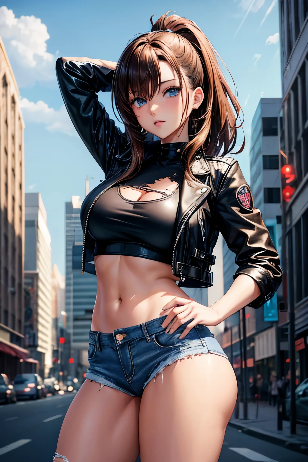 Sexy American anime girl wearing a black leather jacket, a white crop top, and tattered jeans, has large breasts that can be partially seen, panties steaps are visible, has brown hair and blue eyes, is posing in a city.