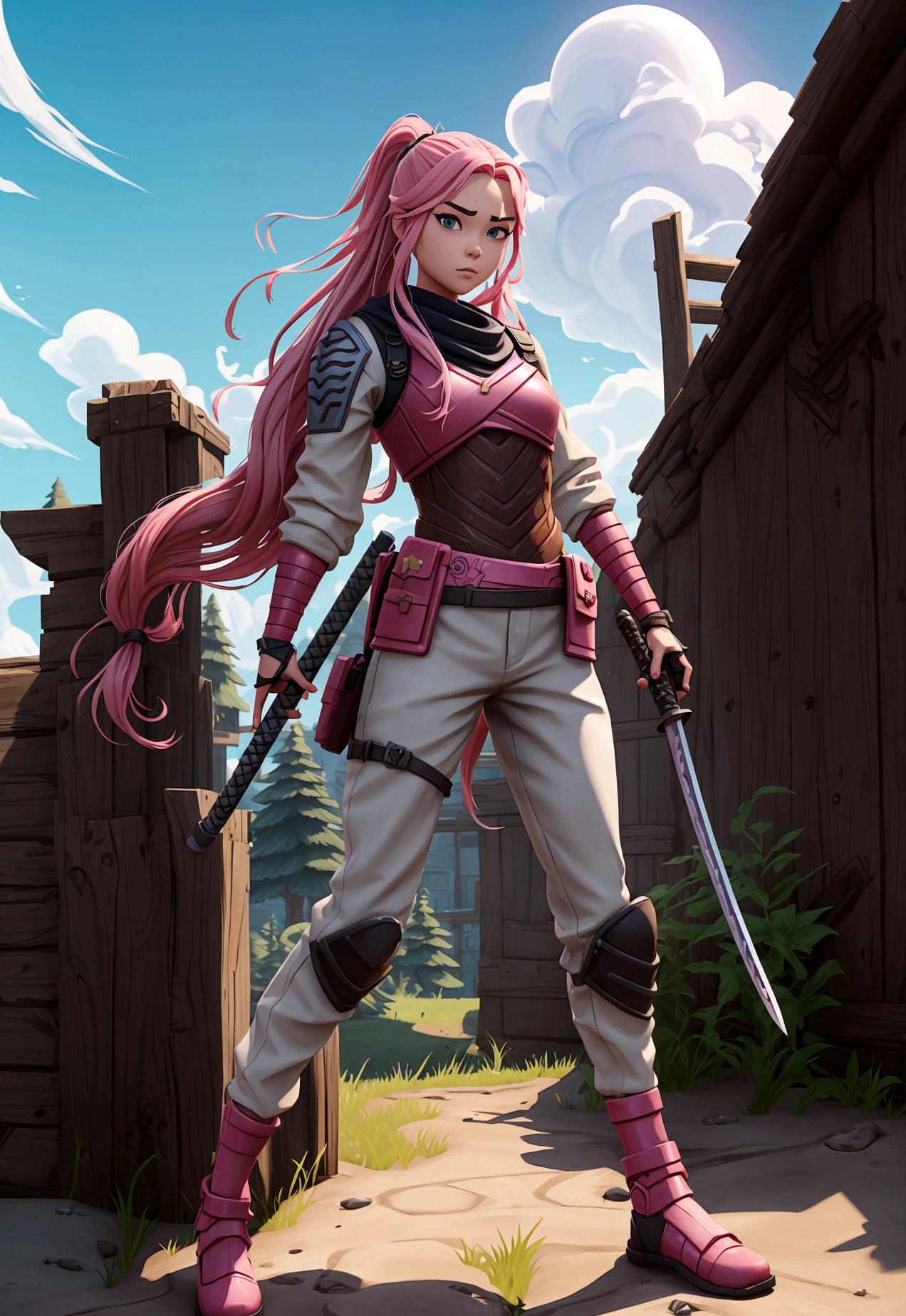 Fortnite and Ghibli style, girl with pink long hair, soilder, white clouthes, magic of beauty, full body, magic katana