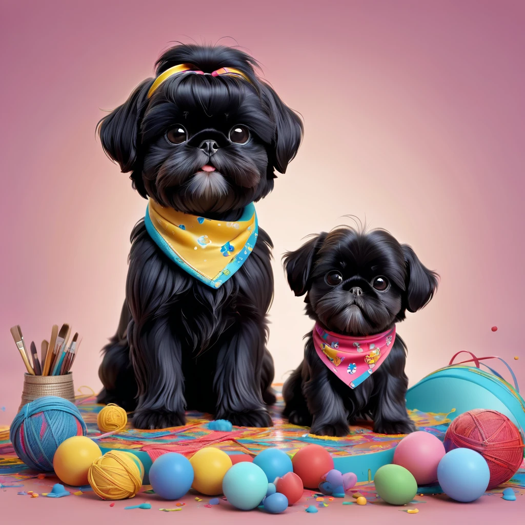 2 Adorable small black Shih Tzu puppies wearing bright bandannas sunglasses painting making a mess Disney background 3d cartoon 3d render disney pixar style