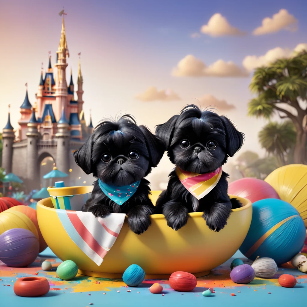 2 Adorable small black Shih Tzu puppies wearing bright bandannas sunglasses painting making a mess Disney background 3d cartoon 3d render disney pixar style