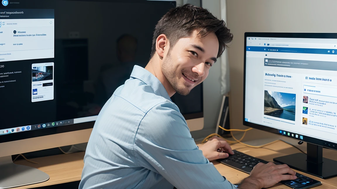 The same engineer from scene 1, now using the application on your computer. He looks smiling and relaxed, while navigating the interface efficiently. Spotlight, the computer screen is shown with the application in use, highlighting the organization and clarity of the information.