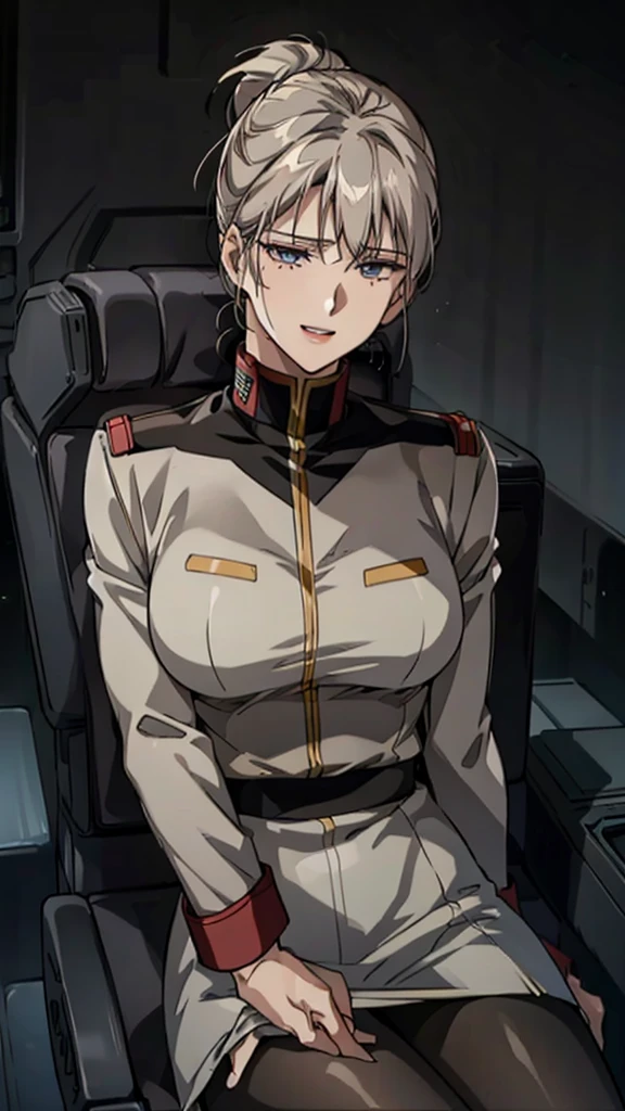 masterpiece, best quality, High resolution, Calm 1, 1 girl, alone, (Black_pantyhose:1.1), army uniform, army, cosmetics, White shirt, White Skirt, tight skirt, sitting, Upper Body, cockpit, space, Smile,Large Breasts,Sexy