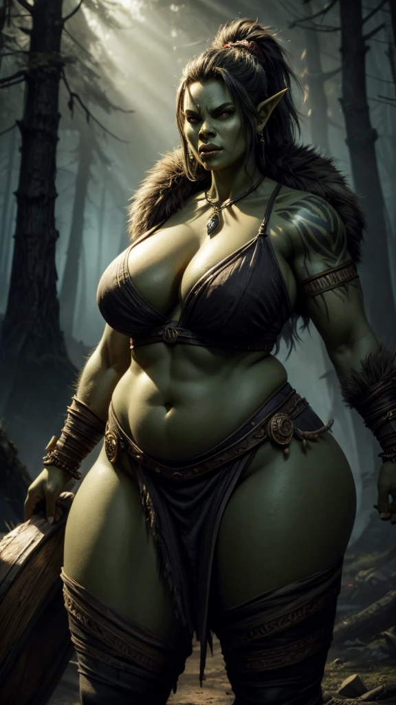 Young orc woman (big fangs), female orc, (green skin) , fearsome, dirty skin, dirty hair, dirty linen and fur clothes, wearing linen dress, big saggy breasts, wide hips, skin imperfections, skin dentation, bone jewelry, forest background, natural lighting, tribal tattoos, muscular, big body, highly detailed, 8k, photorealistic, dramatic lighting, cinematic, fantasy art, ultra high quality, sharp Focus, orczor, dynamic poses, chubby 