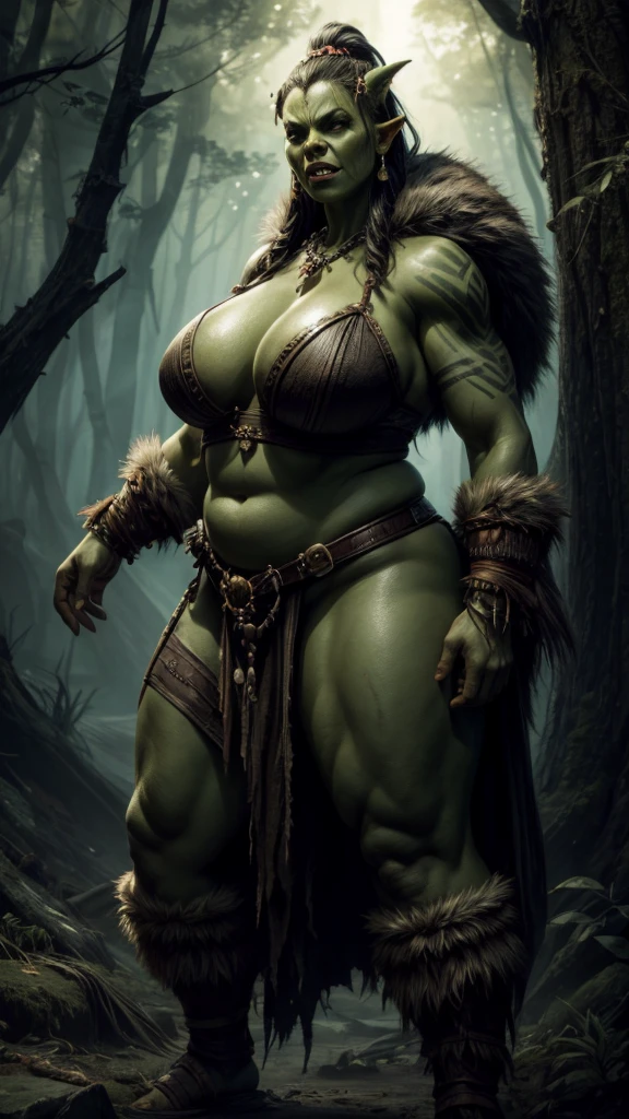 Young orc woman (big fangs), female orc, (green skin) , fearsome, dirty skin, dirty hair, dirty linen and fur clothes, wearing linen dress, big saggy breasts, wide hips, skin imperfections, skin dentation, bone jewelry, forest background, natural lighting, tribal tattoos, muscular, big body, highly detailed, 8k, photorealistic, dramatic lighting, cinematic, fantasy art, ultra high quality, sharp Focus, orczor, dynamic poses, chubby 