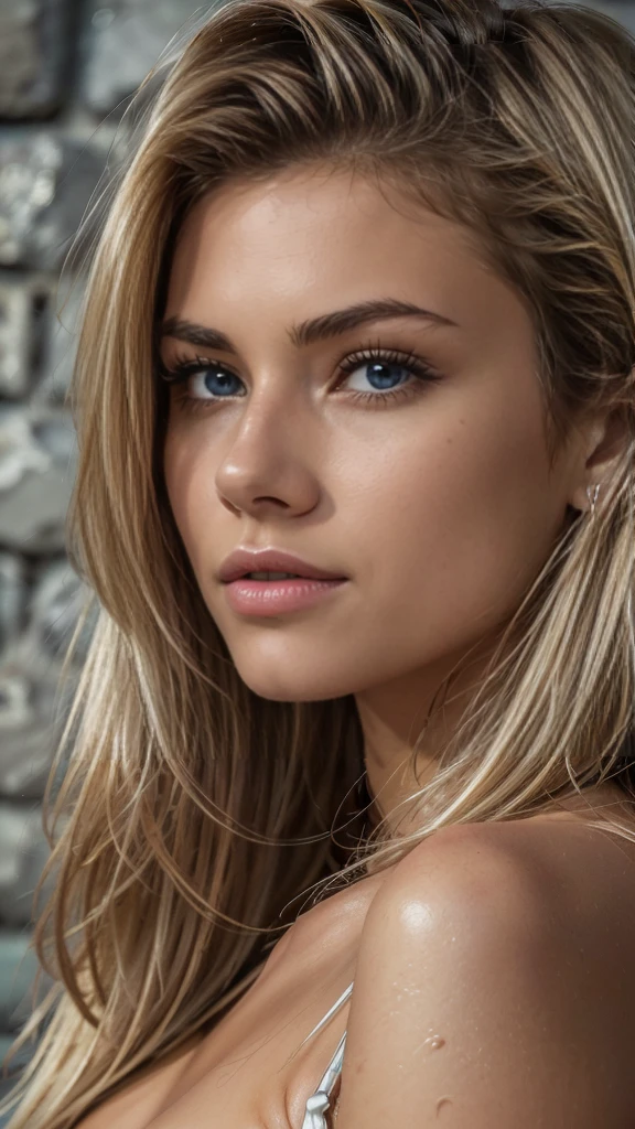 ((Best Quality, 8K, Masterpiece: 1.3, best quality)), photorealistic, photorealism, high resolution, ((face close up:1.2)), (detailed face skin, reallistic, Photorealsitic:1.37), full body shot , looking at the viewer, (Detailed face), medium long hair, concrete wall background,